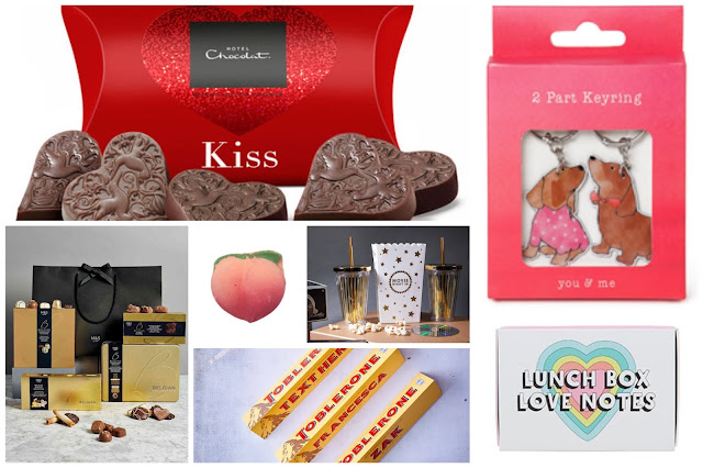 collage - Hotel Chocolat chocolates, M&S chocolate hamper, personalised toblerone bar, lunch box notes, lush peach bath bomb, keyrings