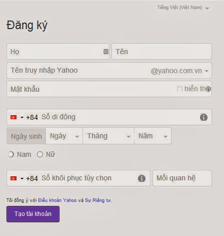 Điền thông tin để đăng ký yahoo mail