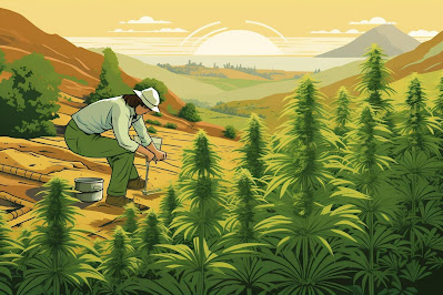 granjero cultiva cannabis en su pequeña finca hortícola.
