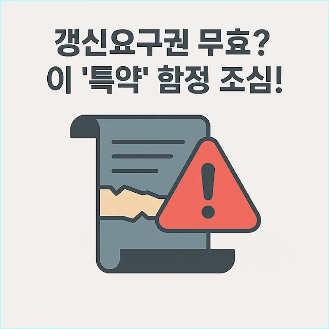 상가임대차보호법 갱신요구권이 무효화될 수 있는 '특약'의 위험성을 경고하는 썸네일 이미지. 법률 문서와 경고 아이콘이 중심에 있어 임차인의 주의를 환기시킴