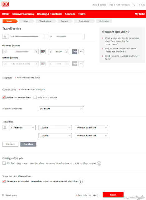 Print de tela da Deustche Bahn, comprando passagem de trem para Alemanha
