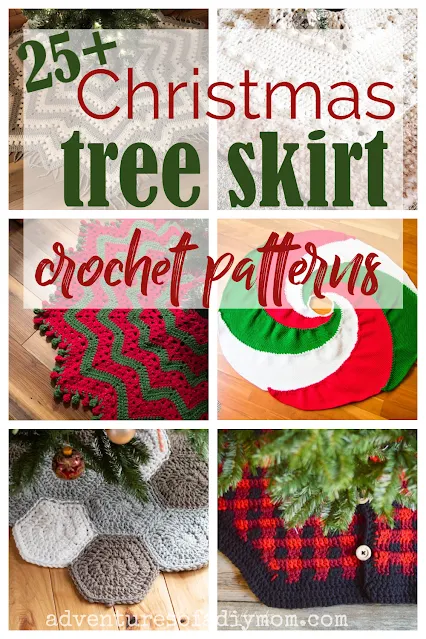 collage of crochet christmas tree skirt patterns