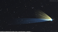 Wizualizacja komety C/2023 A3 (Tsuchinshan-ATLAS) w dzień perygeum 12.10.2024 r. pod niebem klasy 1. w skali Bortle'a. Jest to jednak sytuacja jedynie teoretyczna, w praktyce nie mająca szans na zrealizowanie gdziekolwiek jako, że ze względu na niewielką jeszcze odległość kątową od Słońca w czasie perygeum kometa nigdzie nie zdoła zajaśnieć na doskonale czarnym niebie, bo zachodzić będzie we wcześniejszych etapach zmierzchu.