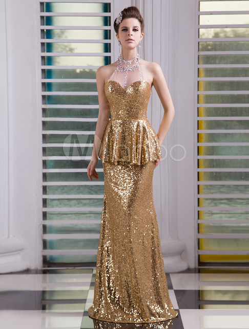 China Wholesale Clothes - Gold Sweetheart Neck Peplum Mermaid Sequined Evening Dress