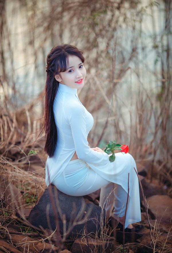 Thiếu nữ ngồi áo dài trắng hoa hồng
