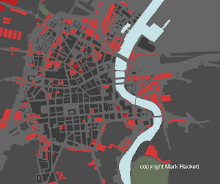 Vacant sites in red on a map of districts in Belfast within 20 minutes walk of the city centre - Mark Hackett - Forum for Alternative Belfast