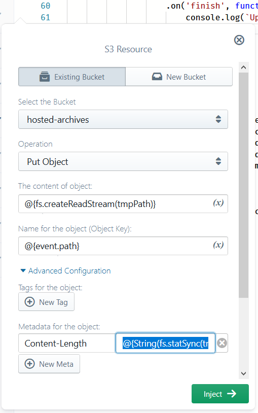 configuring the 's3.putObject()' operation