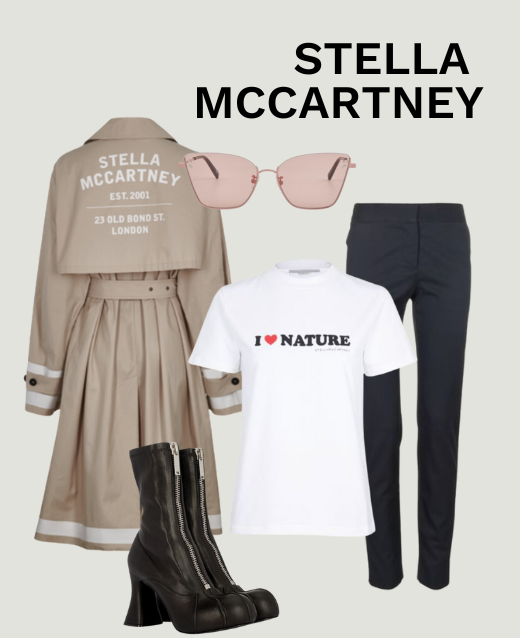 Collage of an outfit made from all preloved Stella McCartney pieces. Outfit consists of: Stella McCartney belted striped trench, Stella McCartney Print T-Shirt, Stella McCartney slim trousers, Stella McCartney Duck City Ankle Boots and Stella McCartney cat eye sunglasses.