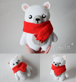 Krawka: Polar bear with a red scarf, winter christmas crochet pattern amigurumi for a classical teddy bear pattern by Krawka