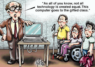 Legenda diz "As all of you know, not all technology is created equal. This computer goes to the gifted class."