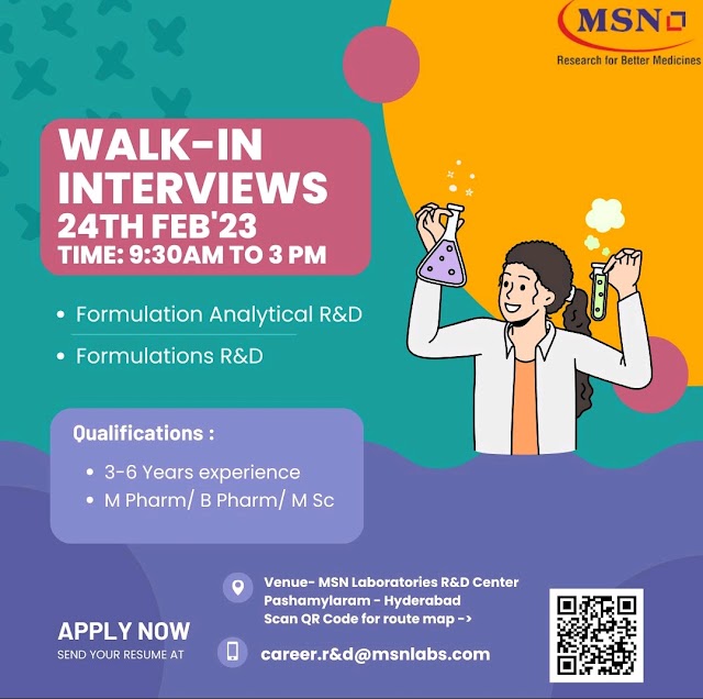MSN Laboratories | Walk-in interview for Formulation R&D/ AR&D on 24th February 2023