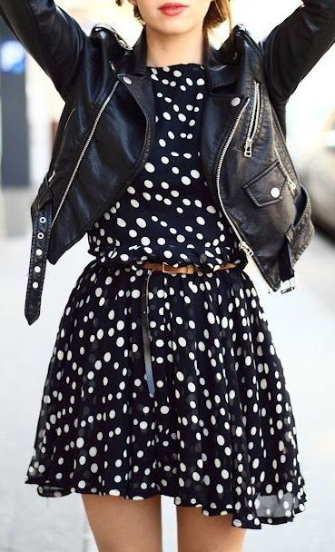 Polka Dot Dress With Leather Jacket For Ladies