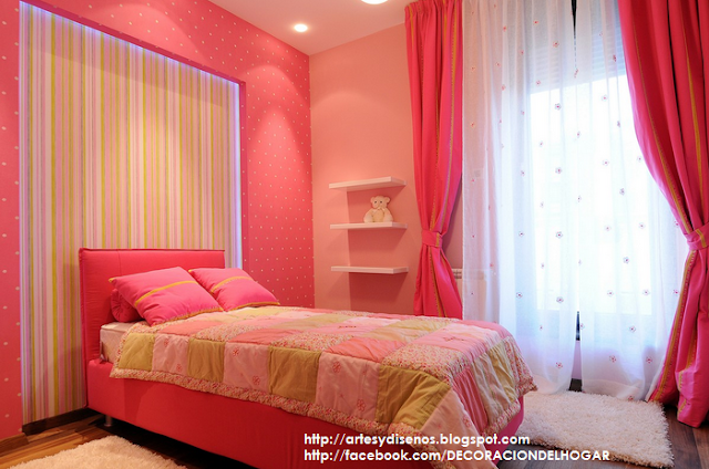 Dormitorio Rosa con Verde Para una Chica Señorita
