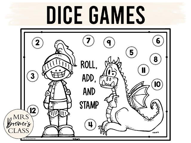 Math dice games activities and centers for practice with counting, addition, and greater than less than for all year in Kindergarten & First Grade