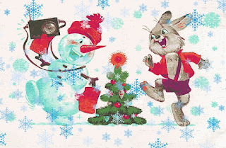 Cartoon painting depicting a snowman and a rabbit dancing around a small Christmas tree.