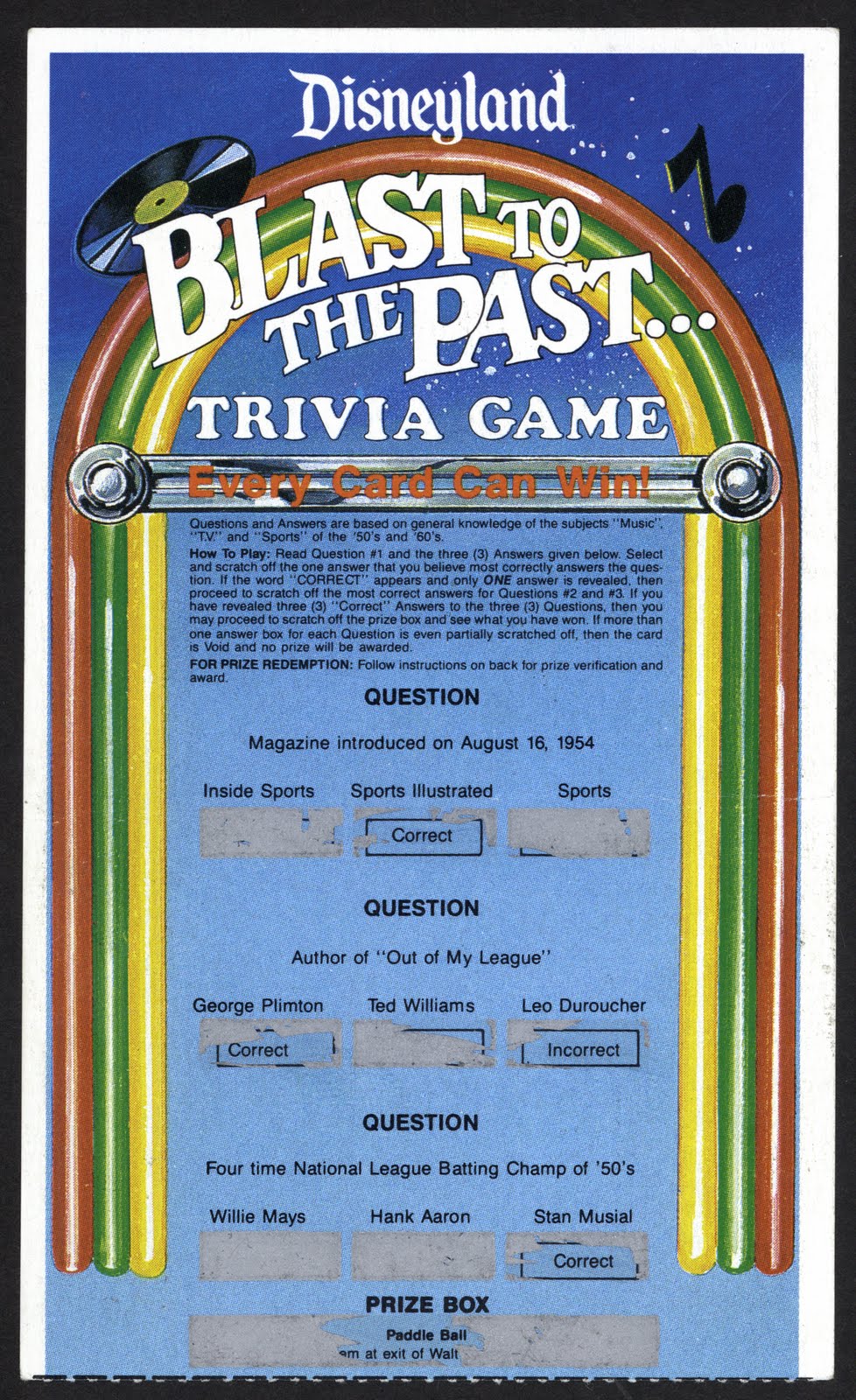 Vintage Disneyland Tickets Blast To The Past Trivia Game 1988 How To Win
