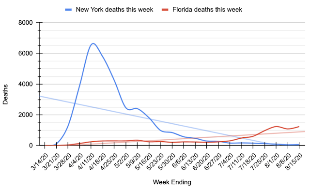New York and Florida deaths, by week
