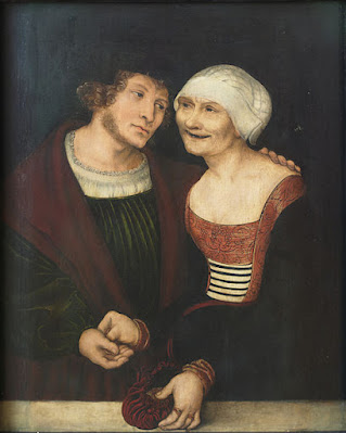 Painting featuring a man with a smiling older woman