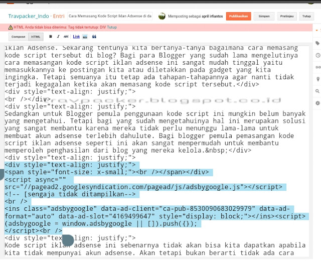 Cara memasang kode script ikaln adsense di dalam postingan, cara memasang iklan di blog, cara menempatkan iklan di blog