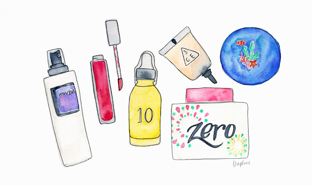 Korean beauty skincare illustration, Banila Co Clean It Zero, Power 10 Formula, Innisfree Creamy Tint Lip Mousse, Cosrx AHA/BHA toner, 3CE Waterful Concealer, Innisfree Cushion Foundation