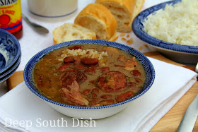 Homemade red kidney beans made with dried beans, and slow stewed with the Trinity, bacon, smoked sausage and a good ham bone or ham hock if you have one, served over hot rice with fresh French bread.