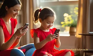 girl child in red dress use mobile phone at home, her mother in red dress also use phone