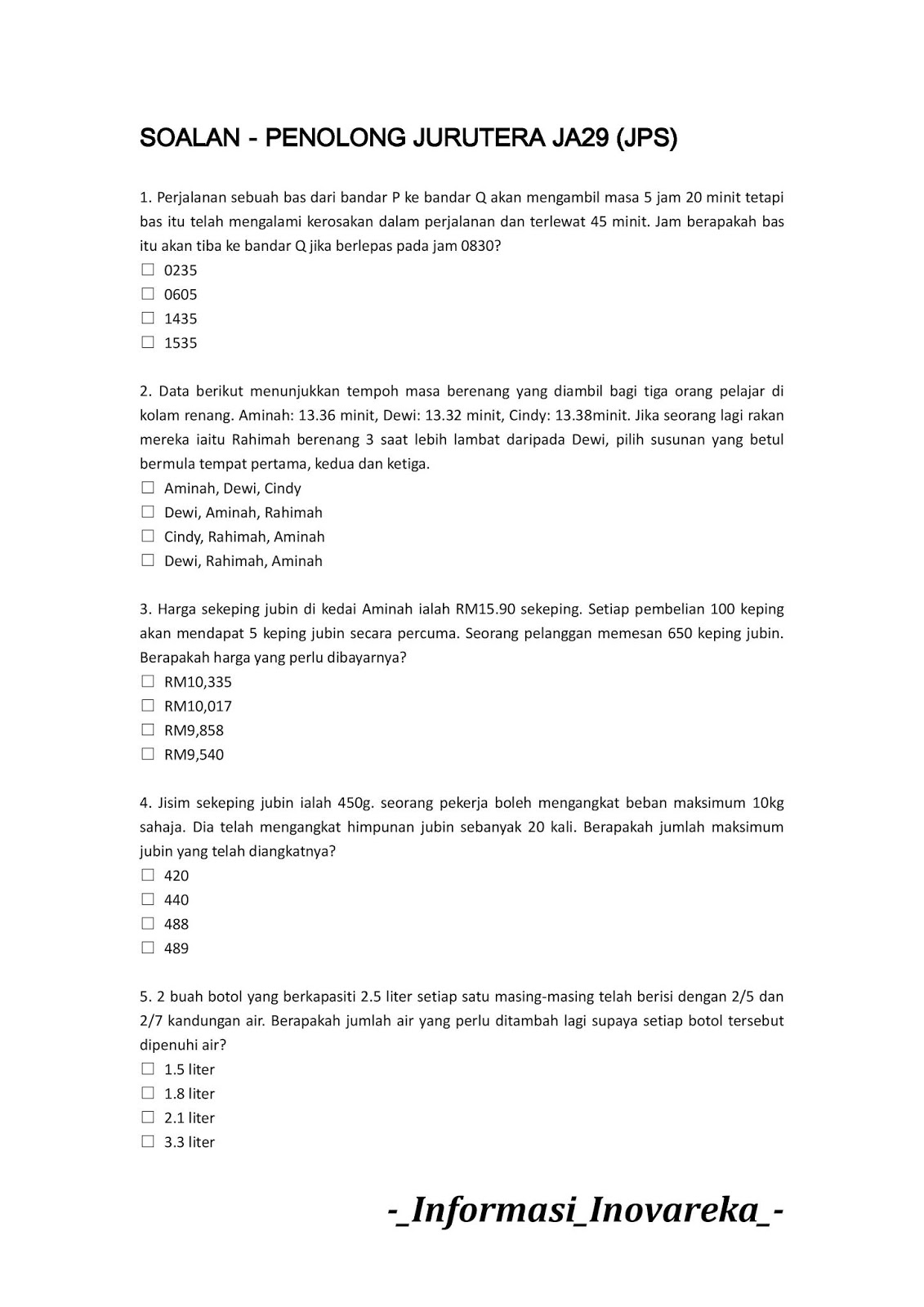 Contoh Soalan Penolong Jurutera JA29 (JPS) 2019