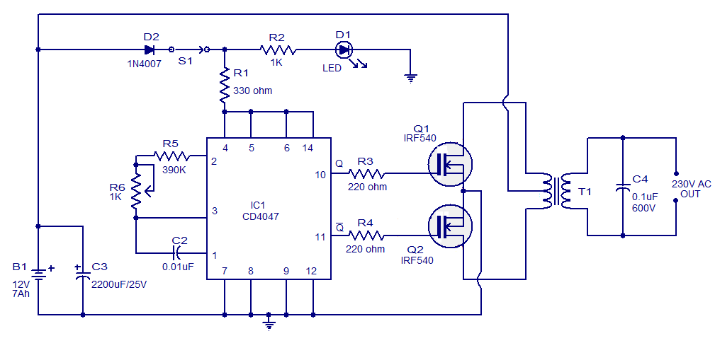 Skema rangkaian  inverter  dc  12v to ac  220v Tegangan 100w 