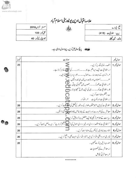 Aiou Past Papers BBA 418