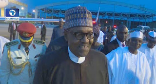 President Muhammadu Buhari at the Nnamdi Azikiwe International Airport upon his arrival in Nigeria on Friday after a three-day medical trip to London.