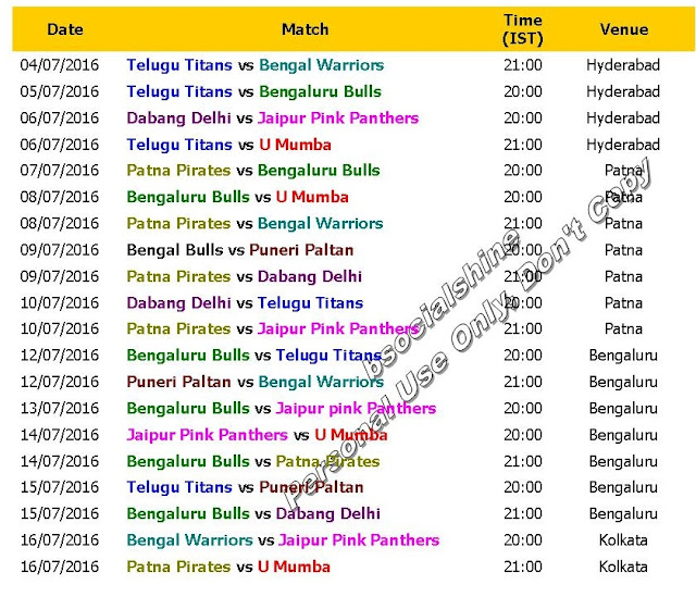Pro Kabaddi League PKL 4 June 2016 Schedule & Time Table