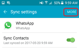 شاشة إعدادات WhatsApp Sync على هاتف Android