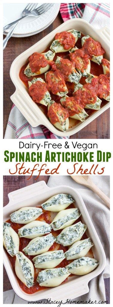 Stuffed shells filled with our favorite dairy-free spinach artichoke dip. Can you guess what the secret ingredient is that I used to make the filling extra creamy and dairy-free? Vegan.