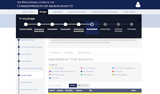 The web page hasn't caught up to the MA Senate having passed their budget on Thursday sending it to the conference committee to work the reconciliation before it goes to Gov Baker