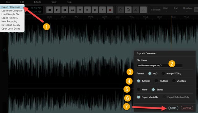 esportazione del file audio editato