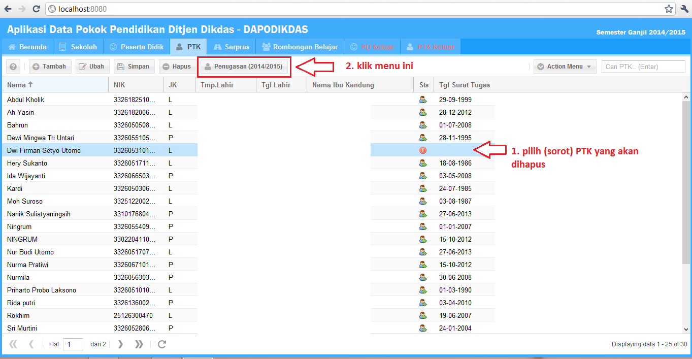 3. Masuk ke jendela Penugasan klik tombol Hapus