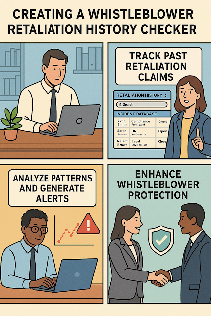 A four-panel instructional comic titled “Creating a Whistleblower Retaliation History Checker.” Panel 1: A male ethics officer works at a laptop. Panel 2: A female officer explains a digital tool showing past retaliation claims in a searchable database. Panel 3: Another officer reviews data on a screen with a graph and alert symbol, labeled “Analyze Patterns.” Panel 4: A woman shakes hands with a man in a suit in front of a shield symbol, labeled “Enhance Whistleblower Protection.”