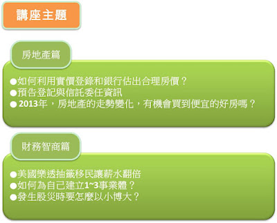  如何利用實價登錄和銀行估出合理房價? 預告登記與信託委任資訊 2013年房地產的走勢變化 有機會買到便宜的好房嗎? 美國樂透抽籤移民讓薪水翻倍 如何為自己建立 1 ~ 3 事業體? 發生股災時要怎麼以小博大?