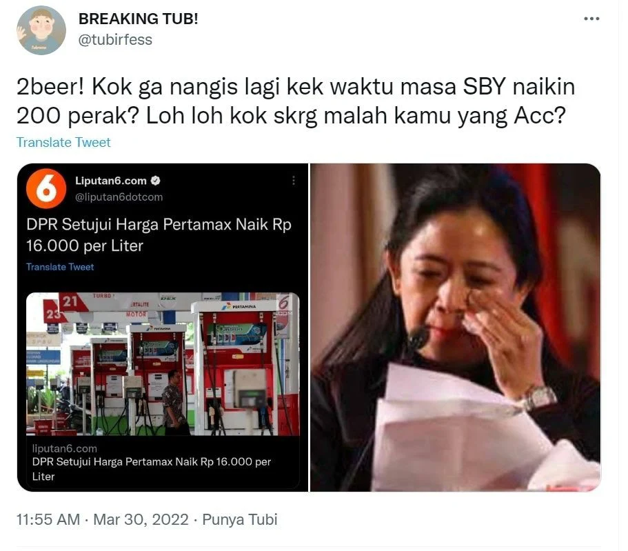 DPR Setujui Harga Pertamax Naik, Netizen Sindir Pedas Puan Maharani: Kok Ga Nangis Lagi Kek Waktu Masa SBY Naikin 200 Perak?