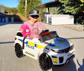 Rosie and her giant care bear driving the police car