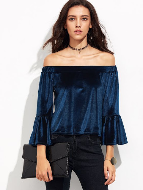 Off-Shoulder-Blue-velvet-Blouse-with-black-jeans