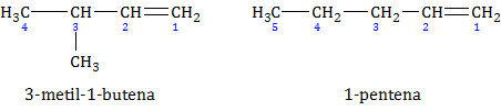 Isomer struktur dari 2-metil-1-butena, 3-metil-1-butena dan 1-pentena