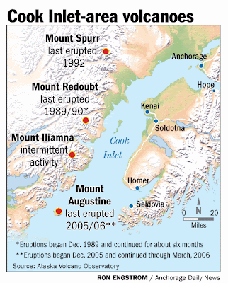 The four volcanoes are part of the Alaska range that continues southwest and 