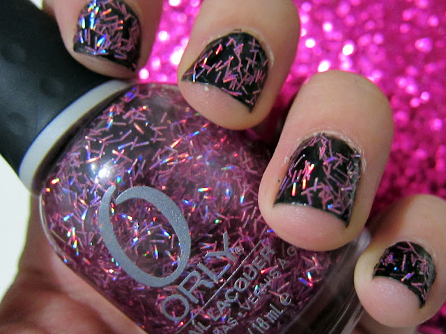 Orly Nail Lacquer in Liquid Vinyl (Black base colour) and Orley Nail Lacquer in Be Brave (Glitter strips)