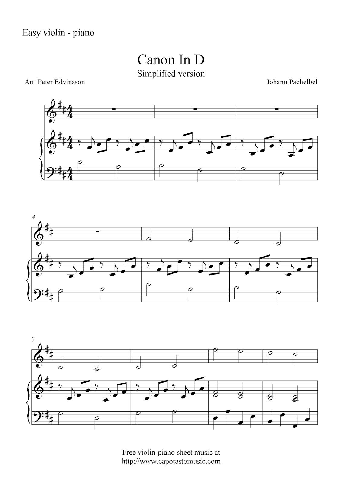 Canon In D (Simplified version), free violin and piano sheet music notes