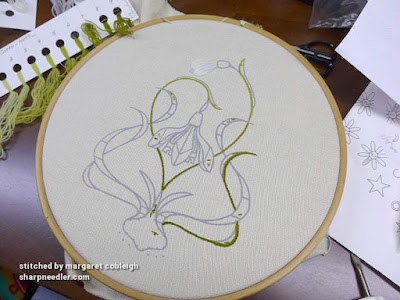 Galanthus Collector (crewel embroidery): beginning to stitch the leaves and central stems