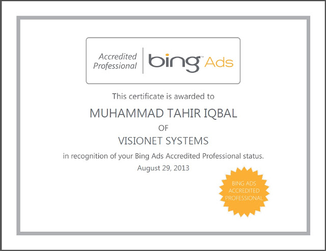 Bing Ads Accredited Professional Exam Certificate