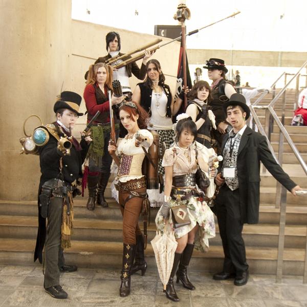 The Steampunk style of dress is adopted by many with corsets top hats 