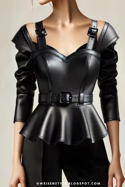 Model Wearing a Black Leather Peplum Top