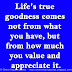 Life's true goodness comes not from what you have, but from how much you value and appreciate it.